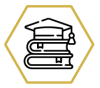 Icon of a books with a graduation cap on top, inside a hexagon - this icon is to represent education industry