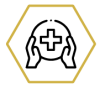 Icon of a hand holding a circle with a plus sign, inside a hexagon - this icon is to represent health care industry